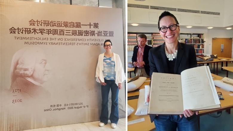 Maria Pia Panagelli, Ph.D., holds the first edition of Adam Smith’s Wealth of Nations at the University of Glasgow in June 2023 (left), and she visits Hangzhou, China, for Adam Smith’s Tercentenary Symposium in August 2023 (right).